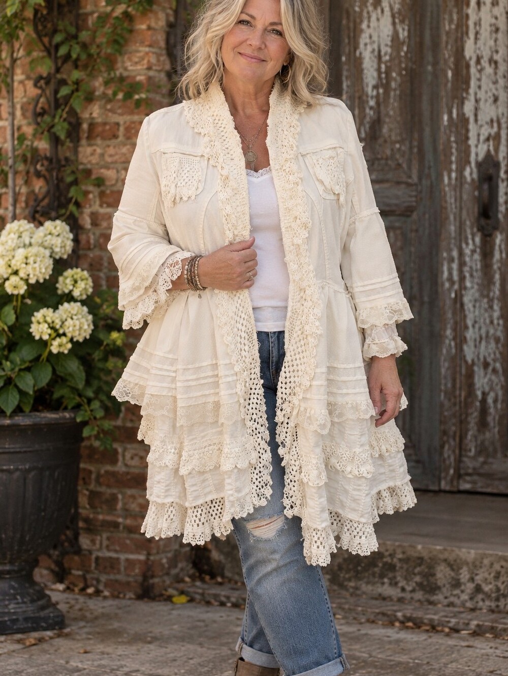 Boho Layered Lace Ruffle Duster Jacket - Upcycled - Picture 10 of 11